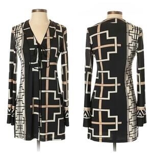 Analili Black, White, & Tan Geometric Print Lond Sleeve Dress Sz XS